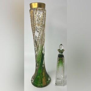 Moser 1900’s clear to emerald green gold guilt bohemian glass & perfume bottle